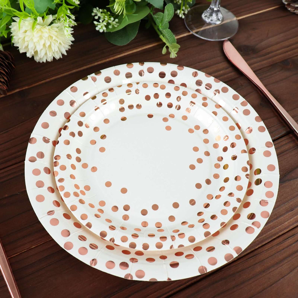 25 - Pack Paper Round Dinner Plates 9" White with Metallic Rose Gold Polka Dots - Disposable 300GSM Party Plates for Banquets & Celebrations - Bell Racket Store