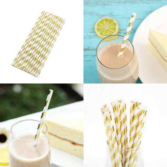 25 - Pack Paper Straws White/Gold Striped - Stylish Disposable Straws for Drinks 8" - NestOCart