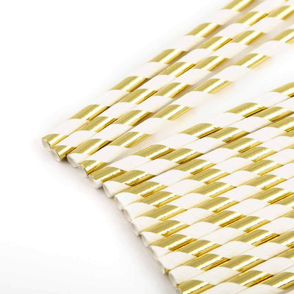 25 - Pack Paper Straws White/Gold Striped - Stylish Disposable Straws for Drinks 8" - NestOCart