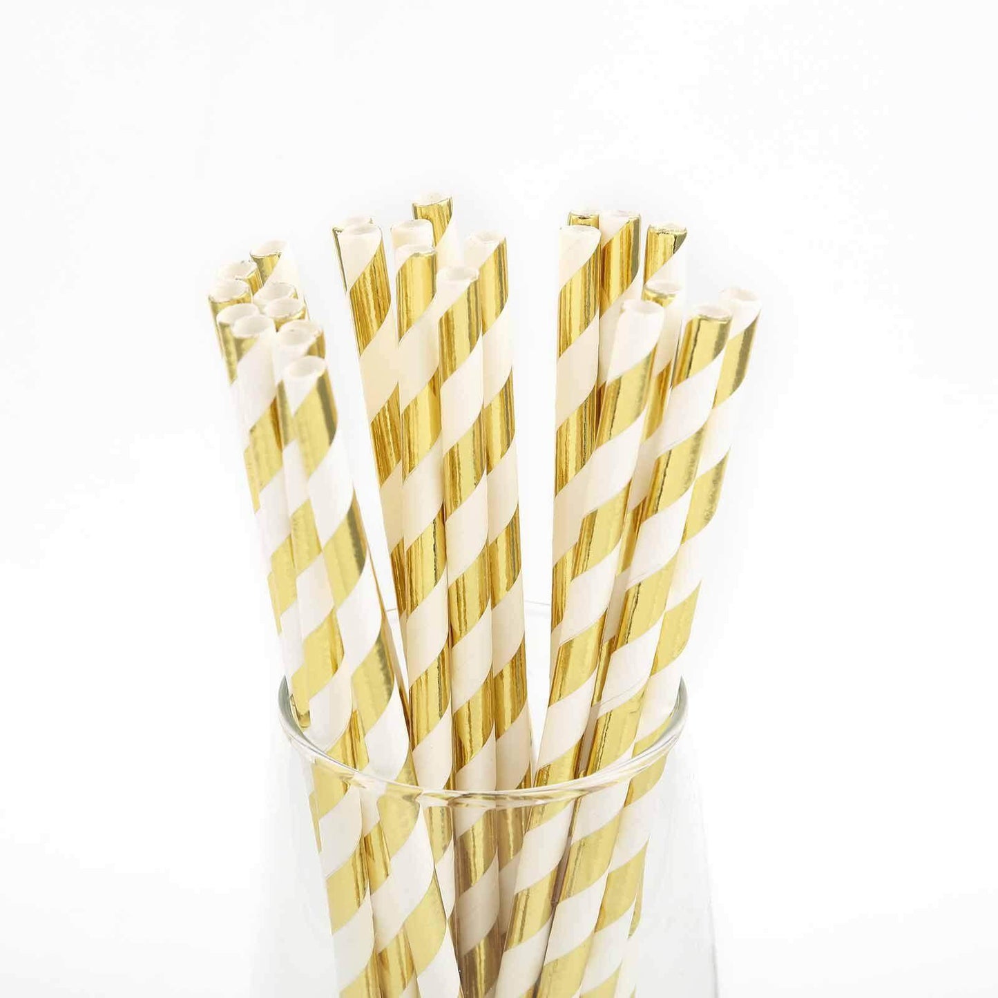 25 - Pack Paper Straws White/Gold Striped - Stylish Disposable Straws for Drinks 8" - NestOCart