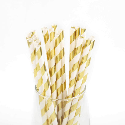 25 - Pack Paper Straws White/Gold Striped - Stylish Disposable Straws for Drinks 8" - NestOCart