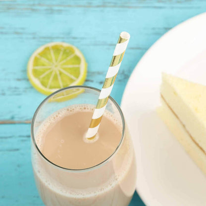 25 - Pack Paper Straws White/Gold Striped - Stylish Disposable Straws for Drinks 8" - NestOCart