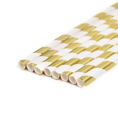 25 - Pack Paper Straws White/Gold Striped - Stylish Disposable Straws for Drinks 8" - NestOCart