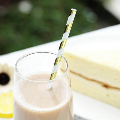 25 - Pack Paper Straws White/Gold Striped - Stylish Disposable Straws for Drinks 8" - NestOCart