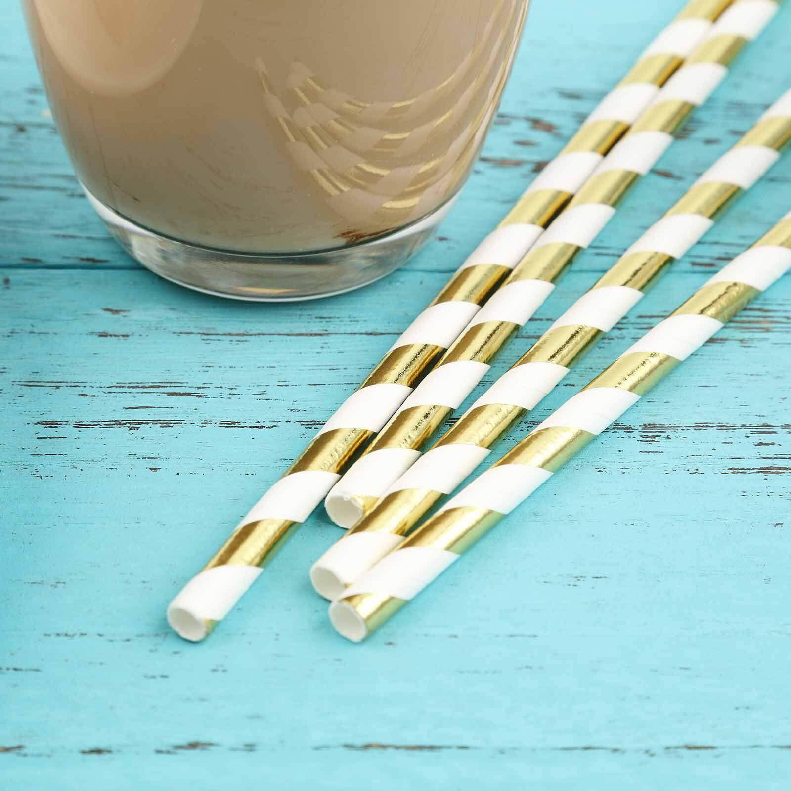 25 - Pack Paper Straws White/Gold Striped - Stylish Disposable Straws for Drinks 8" - NestOCart