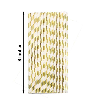 25 - Pack Paper Straws White/Gold Striped - Stylish Disposable Straws for Drinks 8" - NestOCart