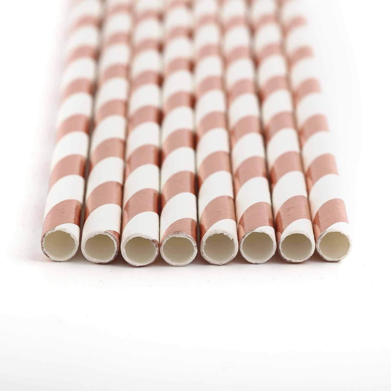 25 - Pack Paper Straws White/Rose Gold Striped - Stylish Disposable Straws for Drinks 8" - NestOCart