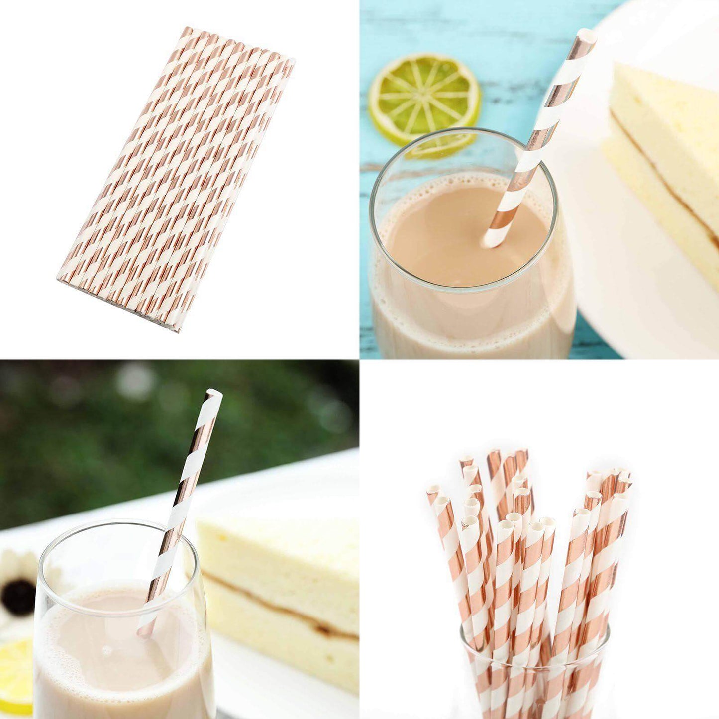 25 - Pack Paper Straws White/Rose Gold Striped - Stylish Disposable Straws for Drinks 8" - NestOCart