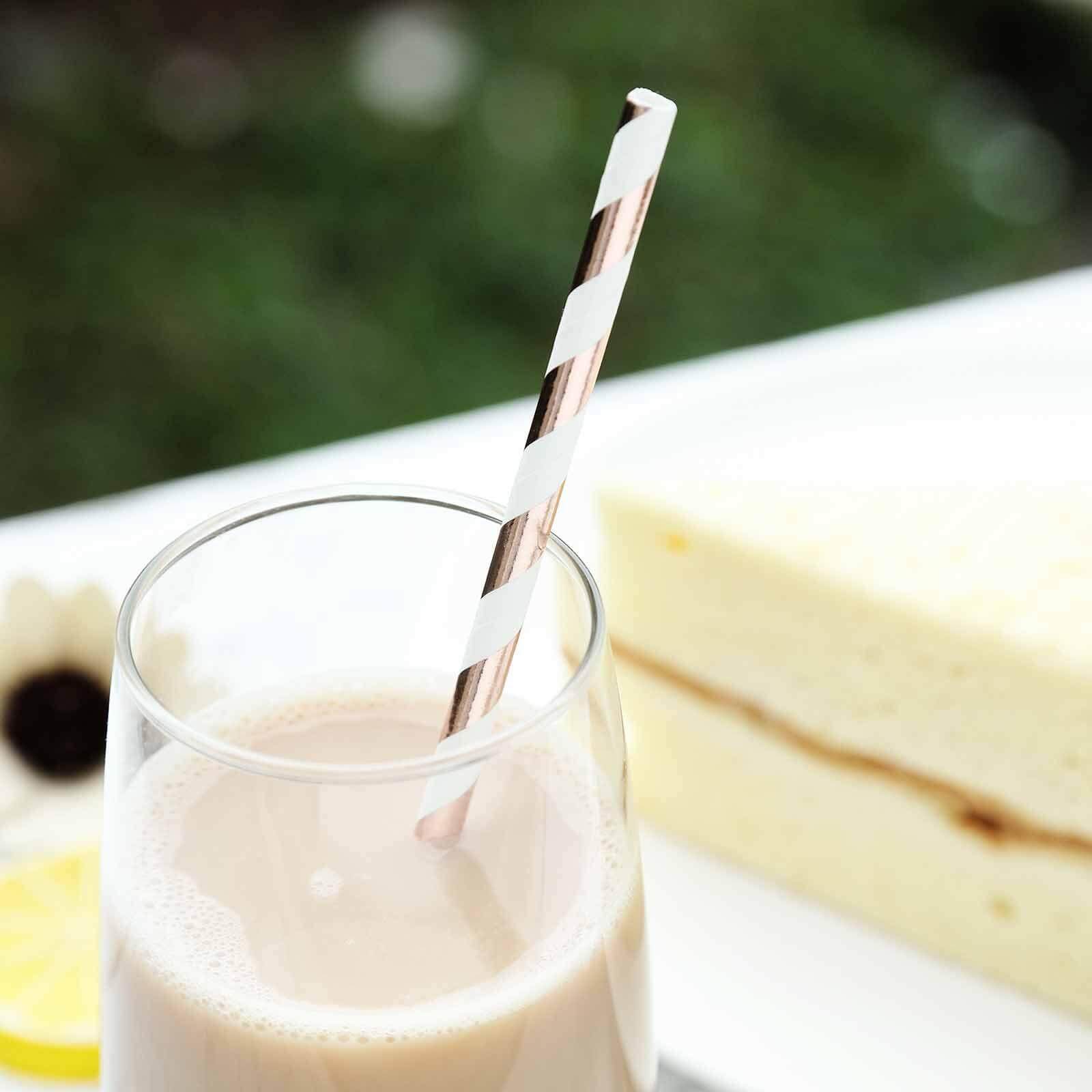 25 - Pack Paper Straws White/Rose Gold Striped - Stylish Disposable Straws for Drinks 8" - NestOCart