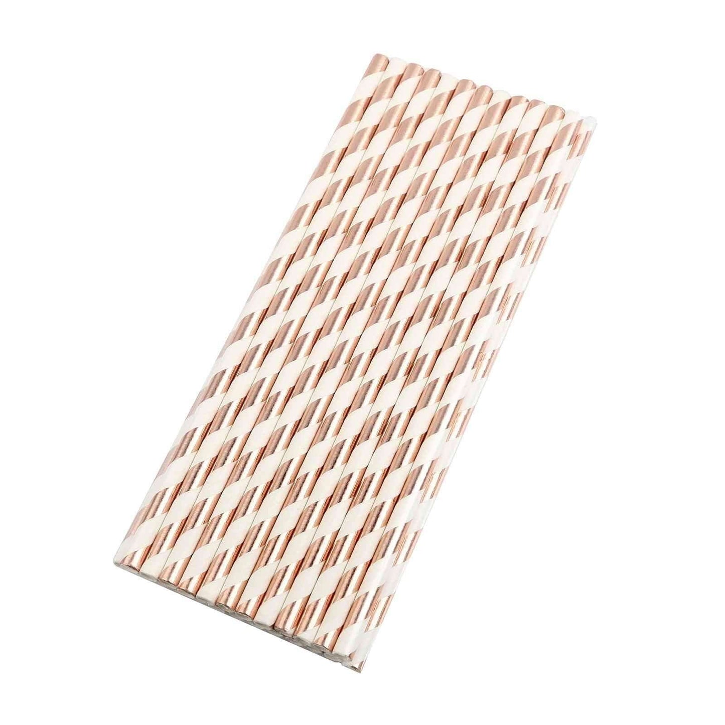 25 - Pack Paper Straws White/Rose Gold Striped - Stylish Disposable Straws for Drinks 8" - NestOCart