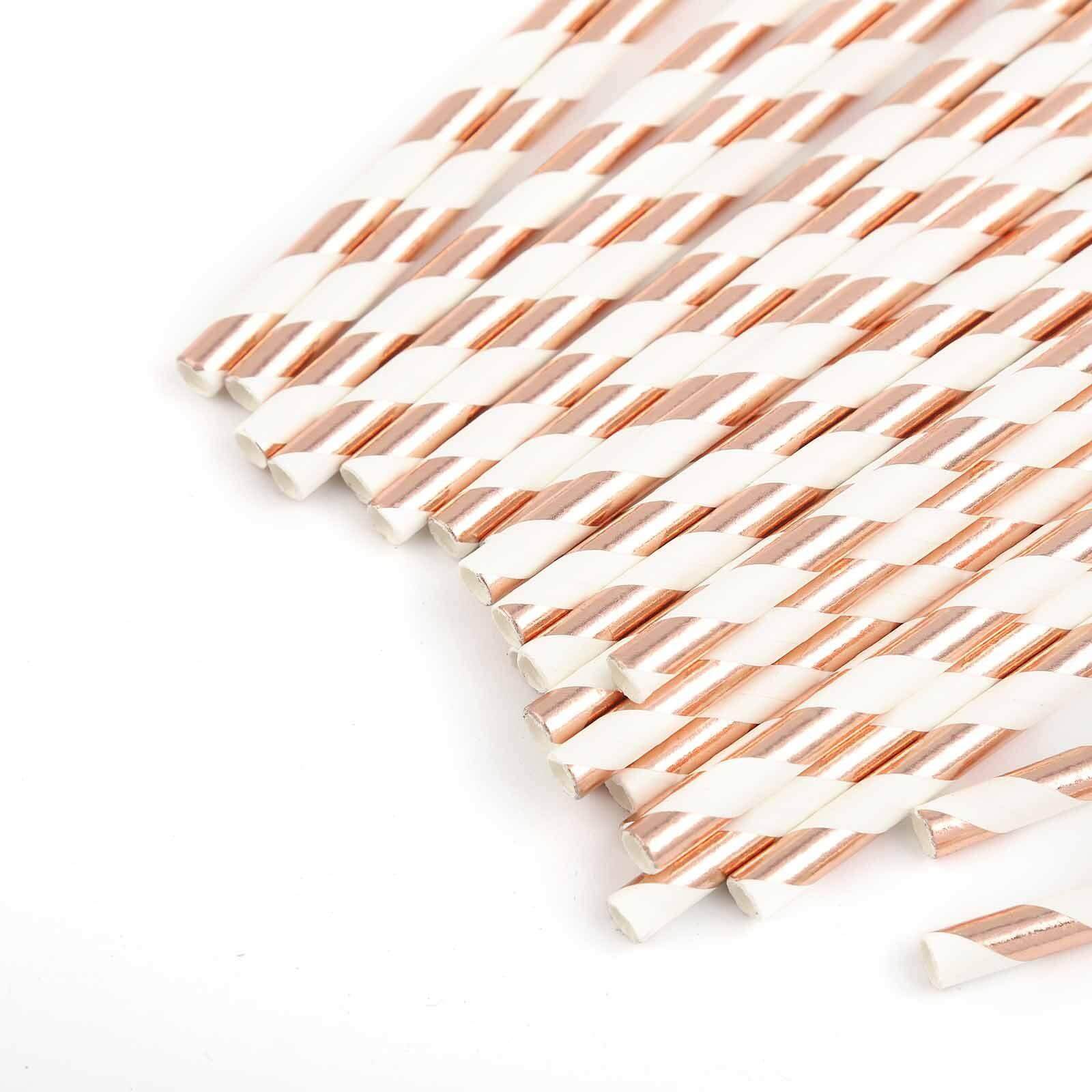 25 - Pack Paper Straws White/Rose Gold Striped - Stylish Disposable Straws for Drinks 8" - NestOCart