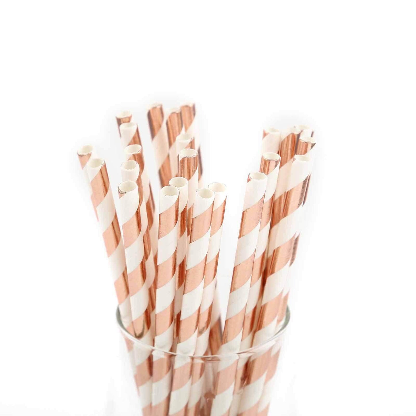 25 - Pack Paper Straws White/Rose Gold Striped - Stylish Disposable Straws for Drinks 8" - NestOCart