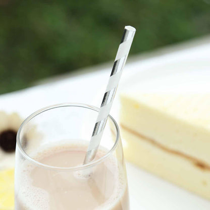 25 - Pack Paper Straws White/Silver Striped - Stylish Disposable Straws for Drinks 8" - NestOCart
