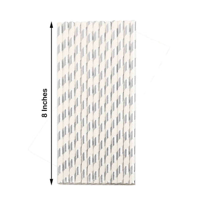 25 - Pack Paper Straws White/Silver Striped - Stylish Disposable Straws for Drinks 8" - NestOCart