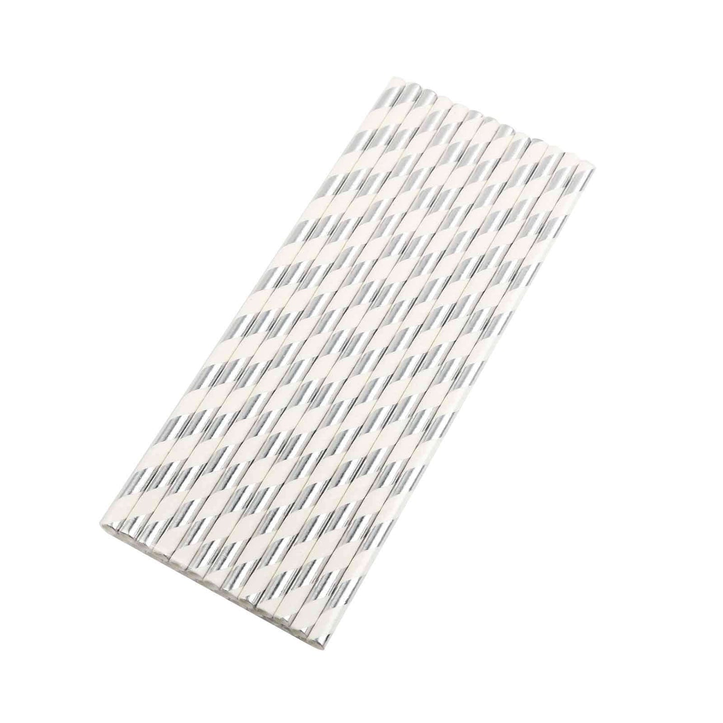 25 - Pack Paper Straws White/Silver Striped - Stylish Disposable Straws for Drinks 8" - NestOCart