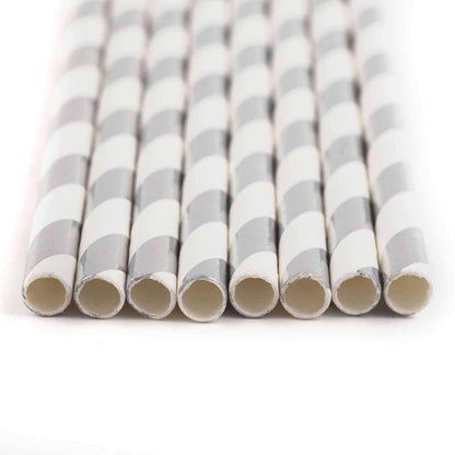 25 - Pack Paper Straws White/Silver Striped - Stylish Disposable Straws for Drinks 8" - NestOCart