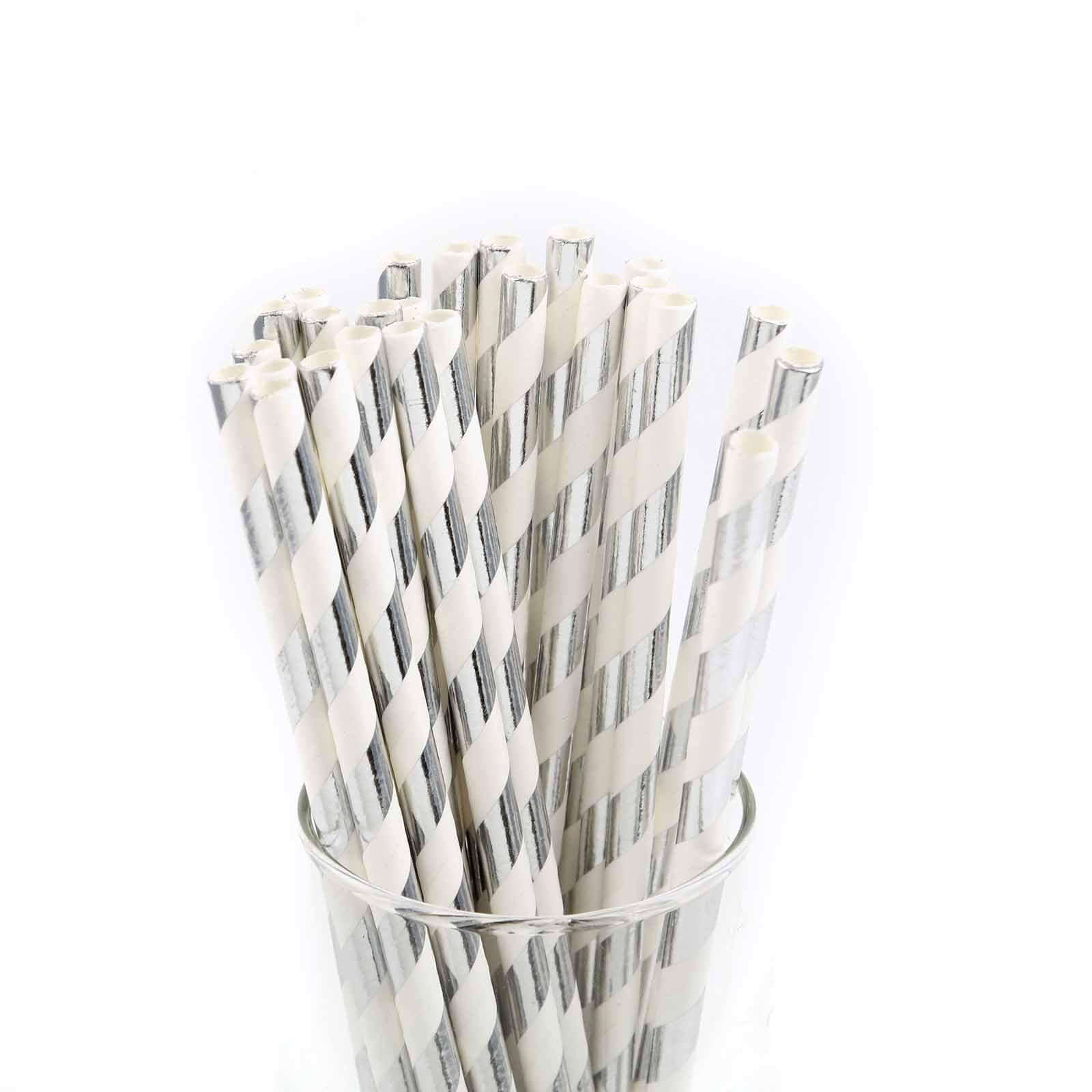 25 - Pack Paper Straws White/Silver Striped - Stylish Disposable Straws for Drinks 8" - NestOCart