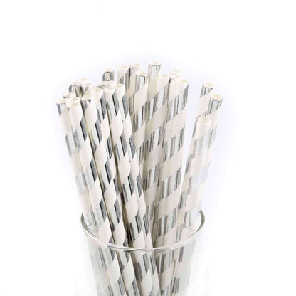 25 - Pack Paper Straws White/Silver Striped - Stylish Disposable Straws for Drinks 8" - NestOCart