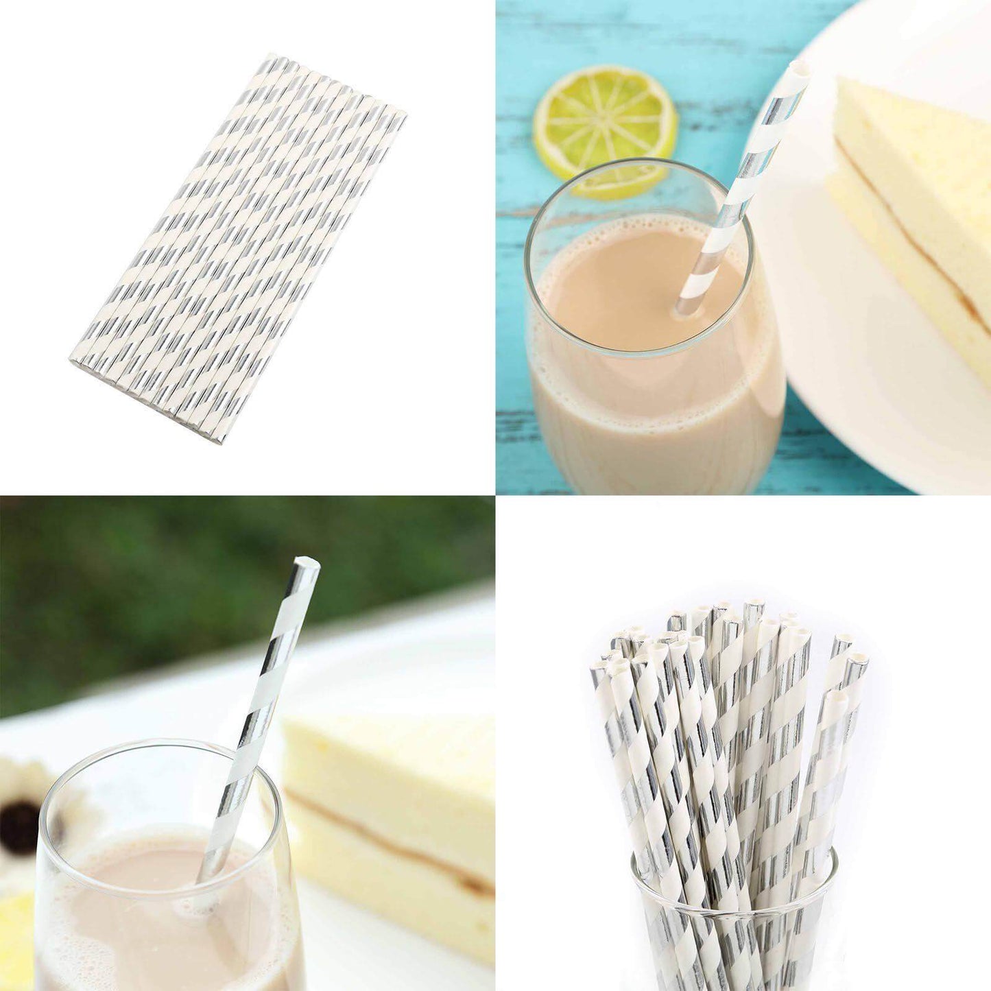 25 - Pack Paper Straws White/Silver Striped - Stylish Disposable Straws for Drinks 8" - NestOCart