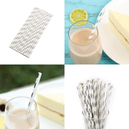 25 - Pack Paper Straws White/Silver Striped - Stylish Disposable Straws for Drinks 8" - NestOCart