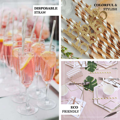 25 - Pack Paper Straws White/Silver Striped - Stylish Disposable Straws for Drinks 8" - NestOCart