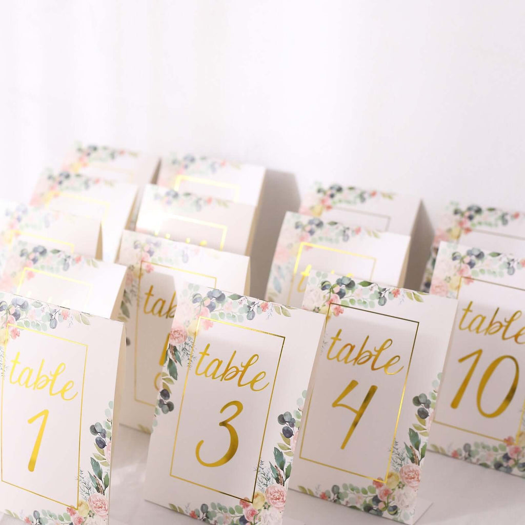 25 - Pack Paper Wedding Table Numbers 1 - 25 White Peony Flower Design - Free Standing Double Sided Table Signs with Glam Gold Foil Numbers 7" - Bell Racket Store