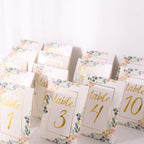 25 - Pack Paper Wedding Table Numbers 1 - 25 White Peony Flower Design - Free Standing Double Sided Table Signs with Glam Gold Foil Numbers 7" - Bell Racket Store