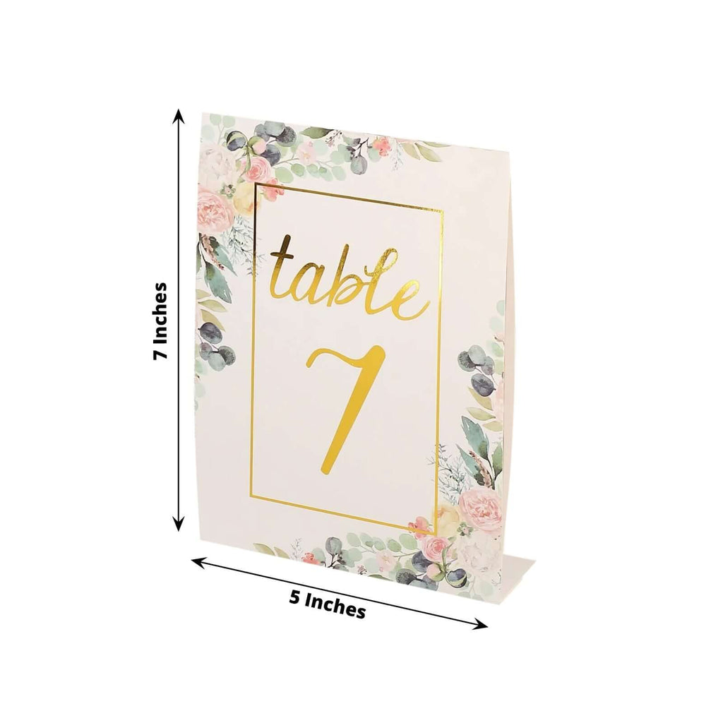 25 - Pack Paper Wedding Table Numbers 1 - 25 White Peony Flower Design - Free Standing Double Sided Table Signs with Glam Gold Foil Numbers 7" - Bell Racket Store
