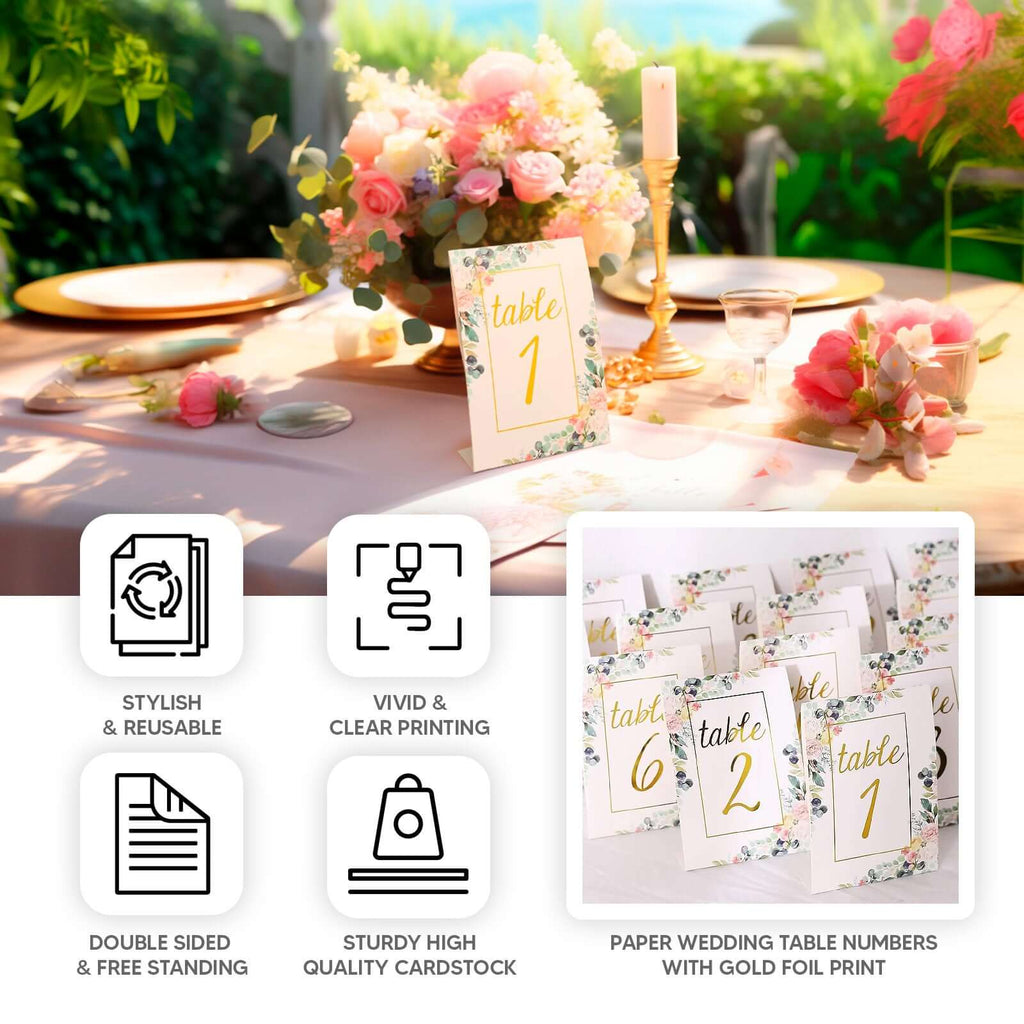 25 - Pack Paper Wedding Table Numbers 1 - 25 White Peony Flower Design - Free Standing Double Sided Table Signs with Glam Gold Foil Numbers 7" - Bell Racket Store