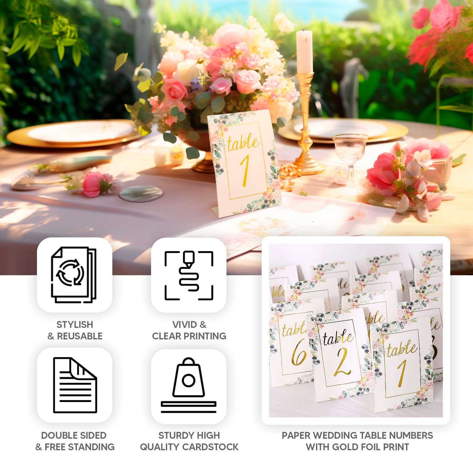 25 - Pack Paper Wedding Table Numbers 1 - 25 White Peony Flower Design - Free Standing Double Sided Table Signs with Glam Gold Foil Numbers 7" - Bell Racket Store