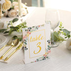 25 - Pack Paper Wedding Table Numbers 1 - 25 White Peony Flower Design - Free Standing Double Sided Table Signs with Glam Gold Foil Numbers 7" - Bell Racket Store