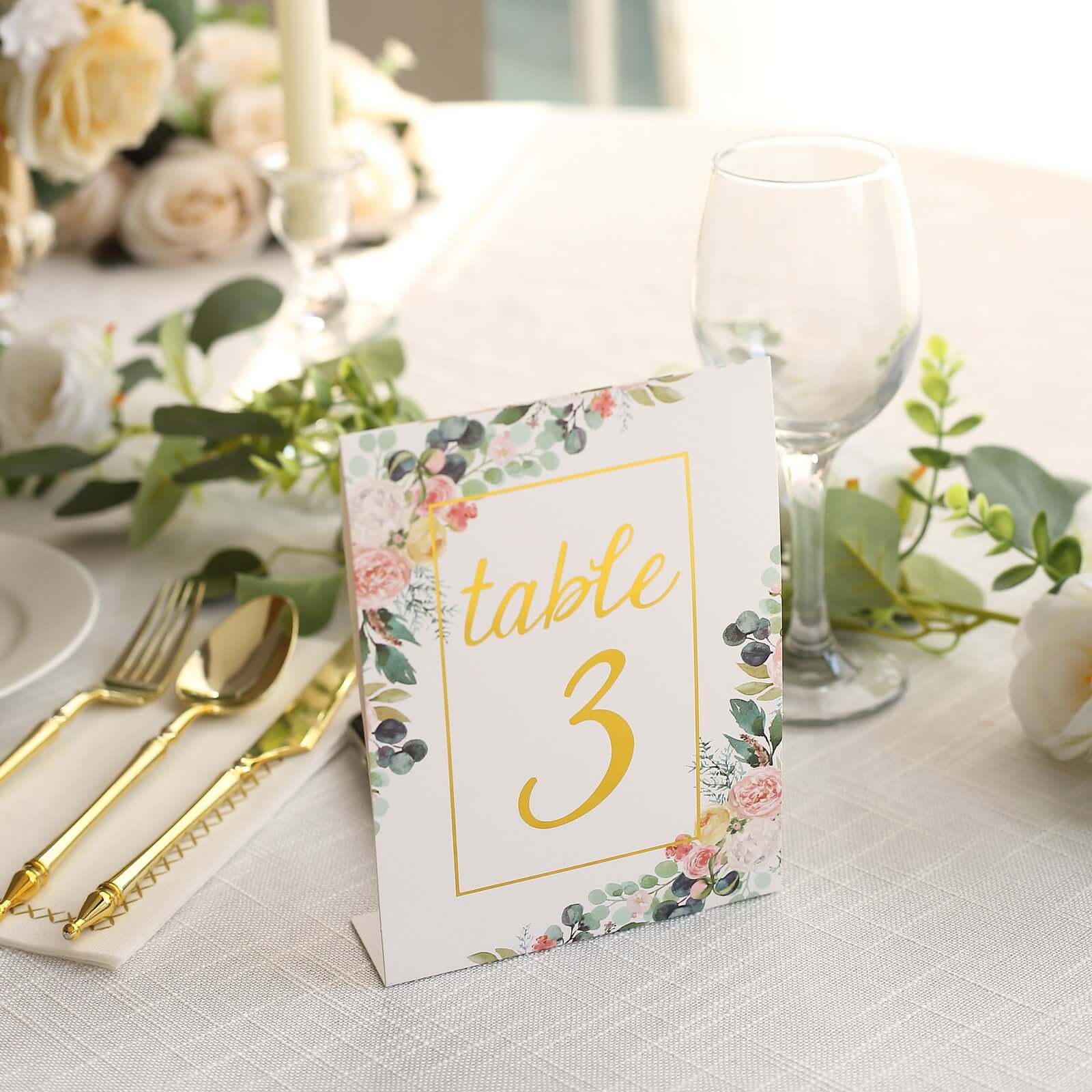 25 - Pack Paper Wedding Table Numbers 1 - 25 White Peony Flower Design - Free Standing Double Sided Table Signs with Glam Gold Foil Numbers 7" - Bell Racket Store