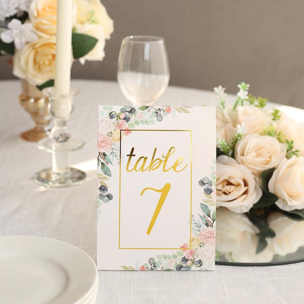25 - Pack Paper Wedding Table Numbers 1 - 25 White Peony Flower Design - Free Standing Double Sided Table Signs with Glam Gold Foil Numbers 7" - Bell Racket Store