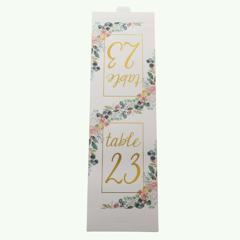 25 - Pack Paper Wedding Table Numbers 1 - 25 White Peony Flower Design - Free Standing Double Sided Table Signs with Glam Gold Foil Numbers 7" - Bell Racket Store