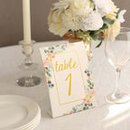25 - Pack Paper Wedding Table Numbers 1 - 25 White Peony Flower Design - Free Standing Double Sided Table Signs with Glam Gold Foil Numbers 7" - Bell Racket Store