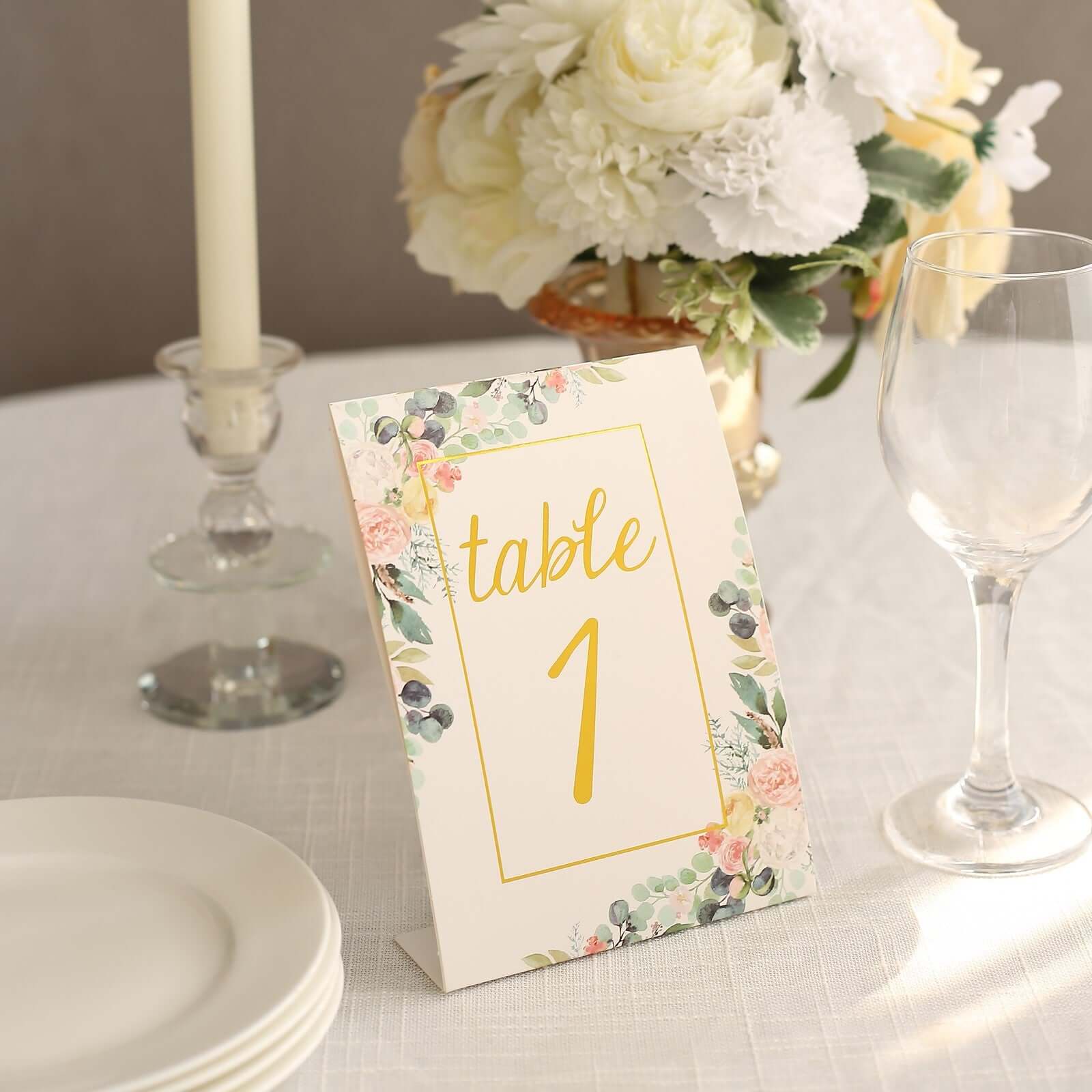 25 - Pack Paper Wedding Table Numbers 1 - 25 White Peony Flower Design - Free Standing Double Sided Table Signs with Glam Gold Foil Numbers 7" - Bell Racket Store