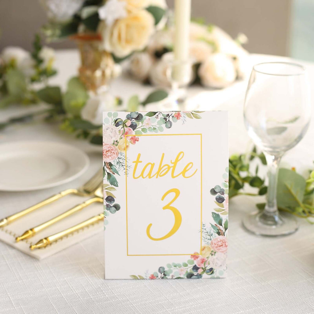 25 - Pack Paper Wedding Table Numbers 1 - 25 White Peony Flower Design - Free Standing Double Sided Table Signs with Glam Gold Foil Numbers 7" - Bell Racket Store