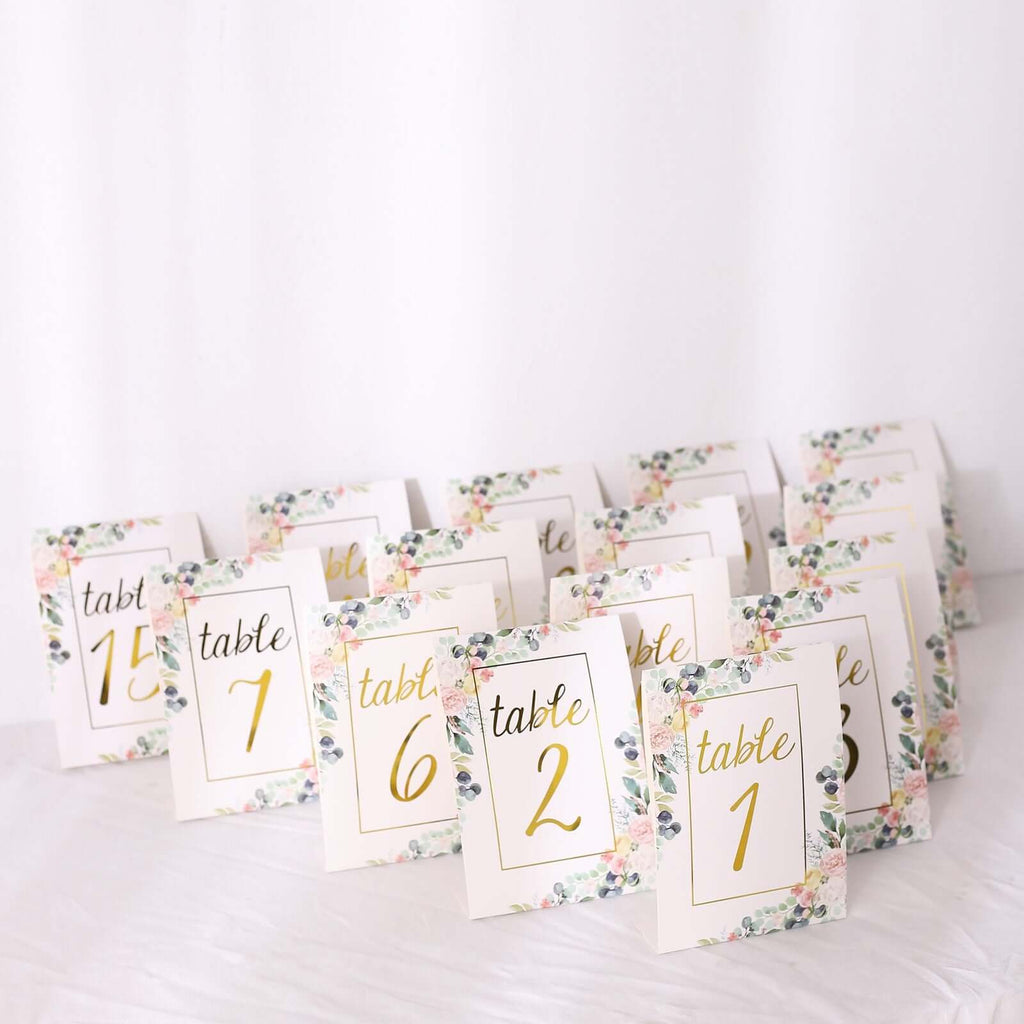 25 - Pack Paper Wedding Table Numbers 1 - 25 White Peony Flower Design - Free Standing Double Sided Table Signs with Glam Gold Foil Numbers 7" - Bell Racket Store