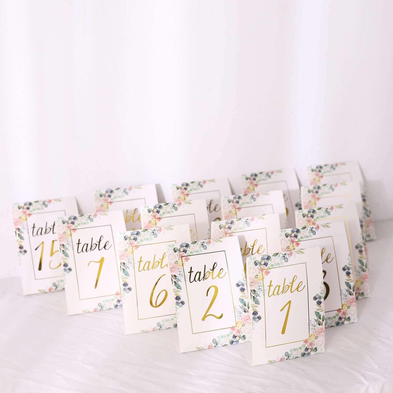 25 - Pack Paper Wedding Table Numbers 1 - 25 White Peony Flower Design - Free Standing Double Sided Table Signs with Glam Gold Foil Numbers 7" - Bell Racket Store