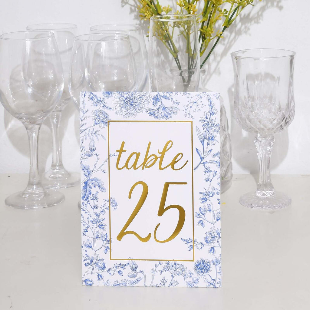 25 - Pack Paper Wedding Table Numbers 1 - 25 White/Blue French Toile Design - Free Standing Double Sided Table Signs with Glam Gold Foil Numbers 7" - Bell Racket Store