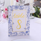 25 - Pack Paper Wedding Table Numbers 1 - 25 White/Blue French Toile Design - Free Standing Double Sided Table Signs with Glam Gold Foil Numbers 7" - Bell Racket Store