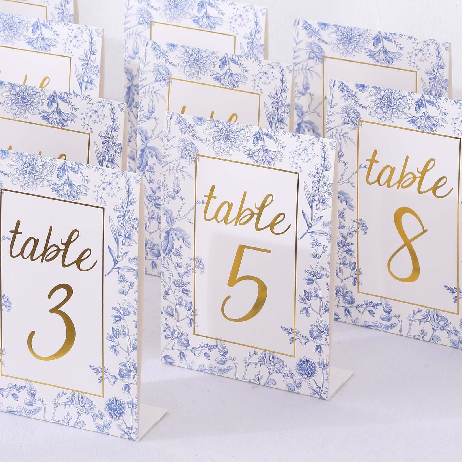 25 - Pack Paper Wedding Table Numbers 1 - 25 White/Blue French Toile Design - Free Standing Double Sided Table Signs with Glam Gold Foil Numbers 7" - Bell Racket Store
