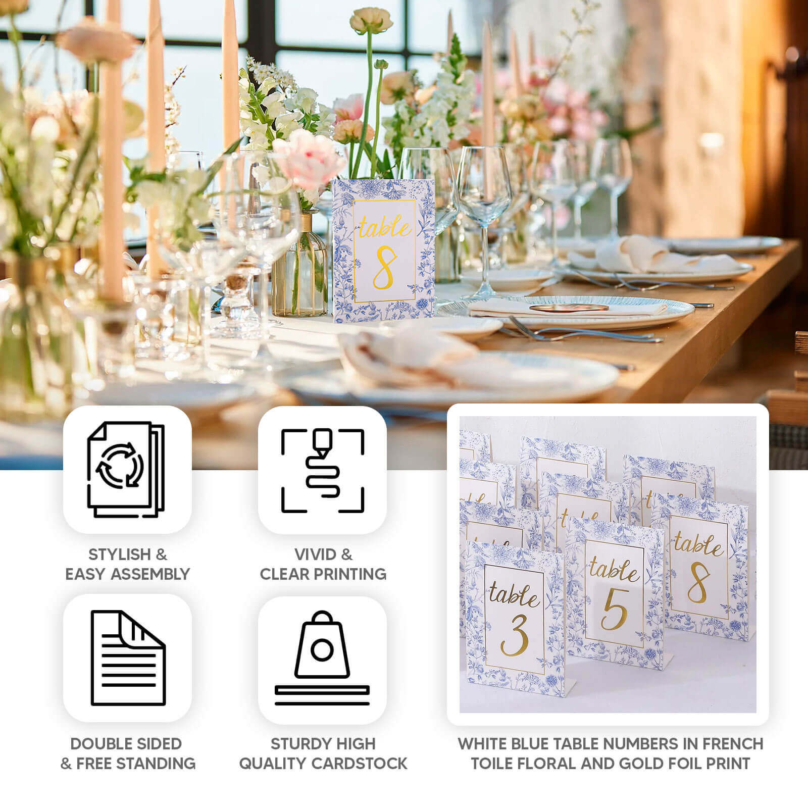 25 - Pack Paper Wedding Table Numbers 1 - 25 White/Blue French Toile Design - Free Standing Double Sided Table Signs with Glam Gold Foil Numbers 7" - Bell Racket Store