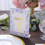 25 - Pack Paper Wedding Table Numbers 1 - 25 White/Blue French Toile Design - Free Standing Double Sided Table Signs with Glam Gold Foil Numbers 7" - Bell Racket Store