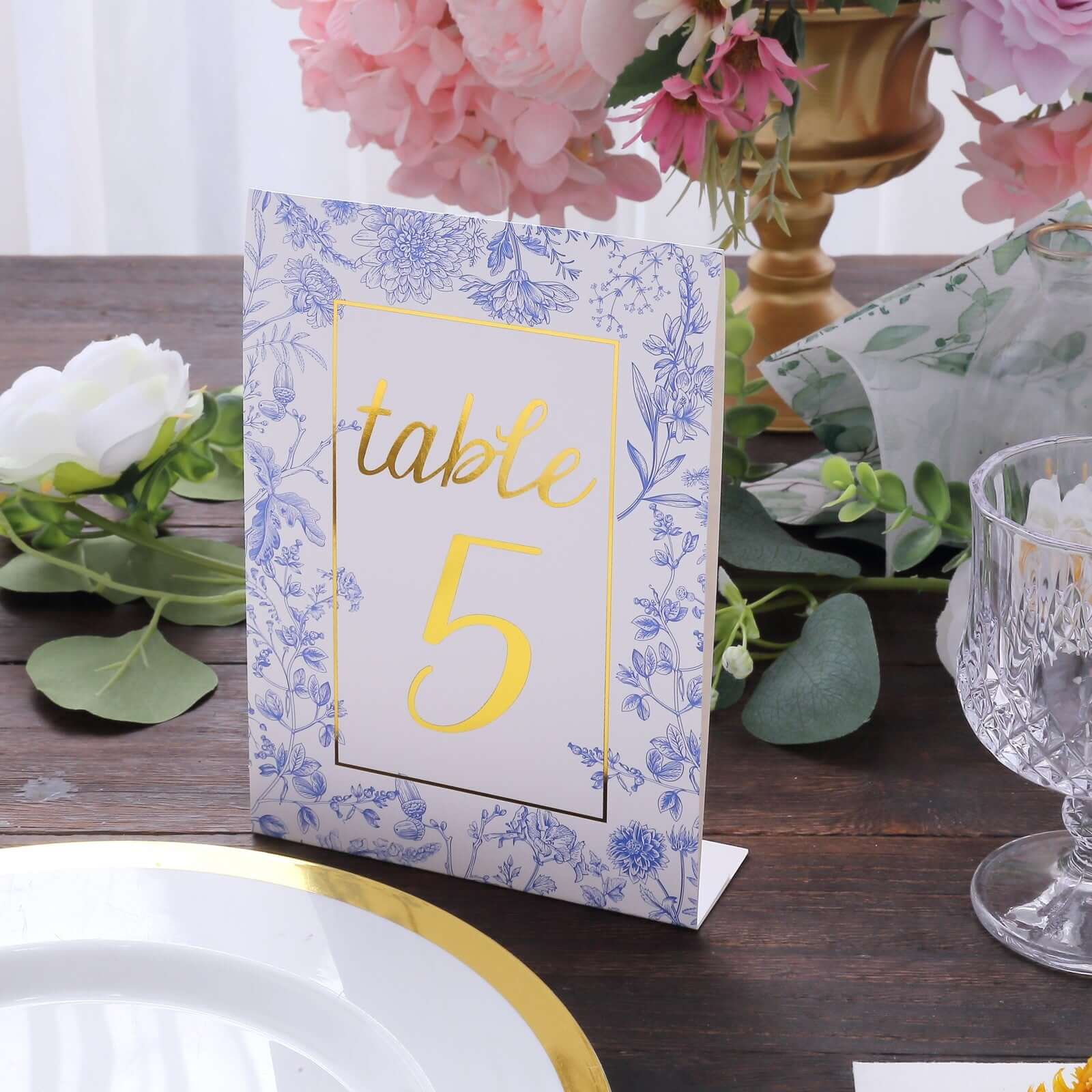 25 - Pack Paper Wedding Table Numbers 1 - 25 White/Blue French Toile Design - Free Standing Double Sided Table Signs with Glam Gold Foil Numbers 7" - Bell Racket Store
