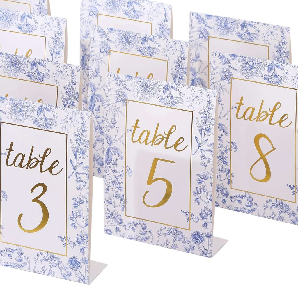 25 - Pack Paper Wedding Table Numbers 1 - 25 White/Blue French Toile Design - Free Standing Double Sided Table Signs with Glam Gold Foil Numbers 7" - Bell Racket Store
