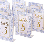 25 - Pack Paper Wedding Table Numbers 1 - 25 White/Blue French Toile Design - Free Standing Double Sided Table Signs with Glam Gold Foil Numbers 7" - Bell Racket Store