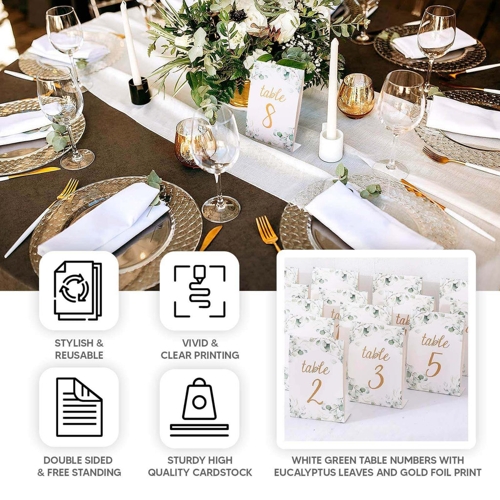 25 - Pack Paper Wedding Table Numbers 1 - 25 White/Green Eucalyptus Leaves Design - Free Standing Double Sided Table Signs with Glam Gold Foil Numbers 7" - Bell Racket Store