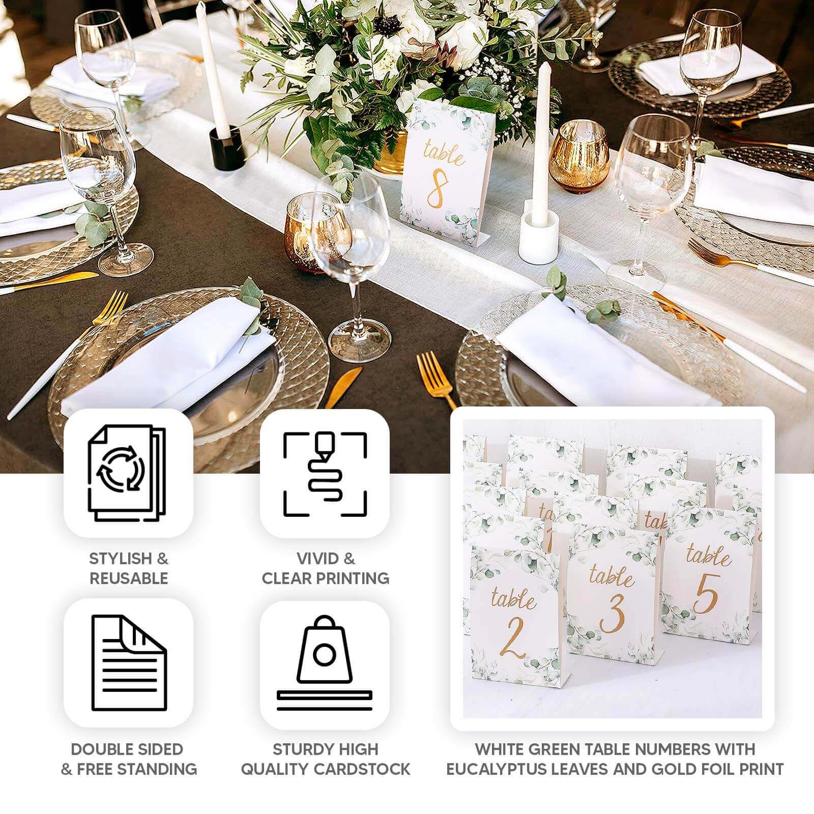 25 - Pack Paper Wedding Table Numbers 1 - 25 White/Green Eucalyptus Leaves Design - Free Standing Double Sided Table Signs with Glam Gold Foil Numbers 7" - Bell Racket Store