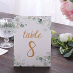 25 - Pack Paper Wedding Table Numbers 1 - 25 White/Green Eucalyptus Leaves Design - Free Standing Double Sided Table Signs with Glam Gold Foil Numbers 7" - Bell Racket Store